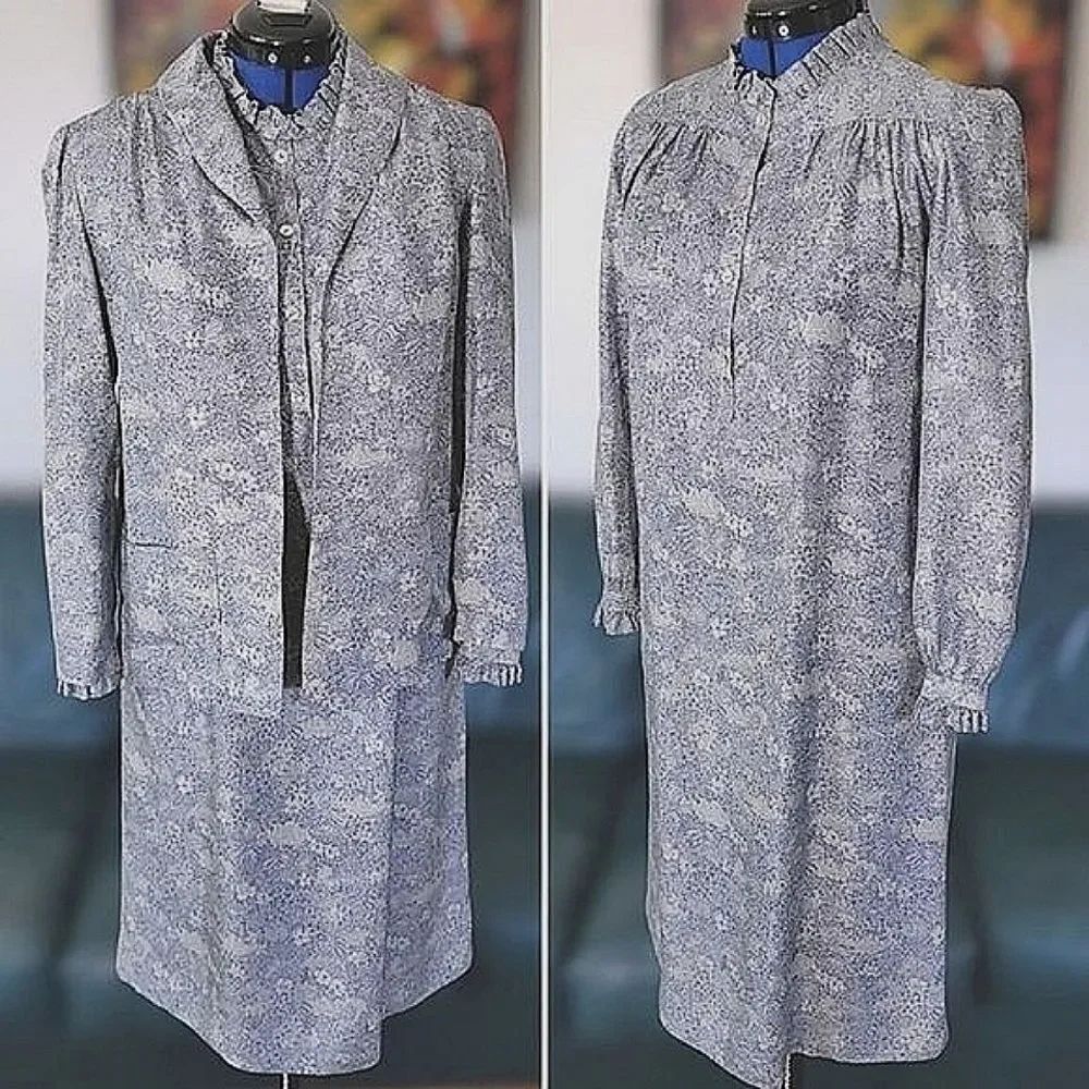Vtg 60s blue & pale grey floral print dress & blazer co ord set